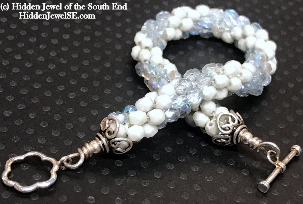 Light Blue Czech crystal crocheted bracelet, jewelry