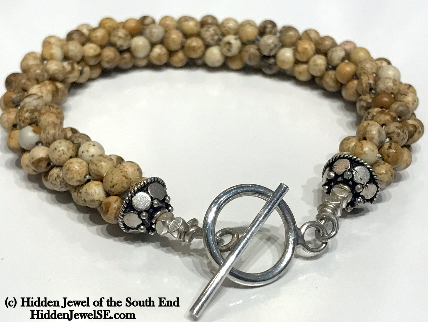 Picture Jasper Crocheted Bracelet Brown bangle,  tan bracelet with Sterling silver clasp