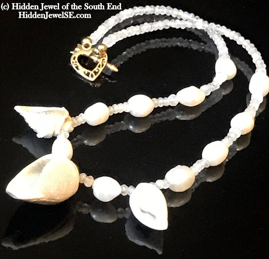 Druzzy Quartz Fossilized Shell Necklace, Moonstone, Freshwater Pearl