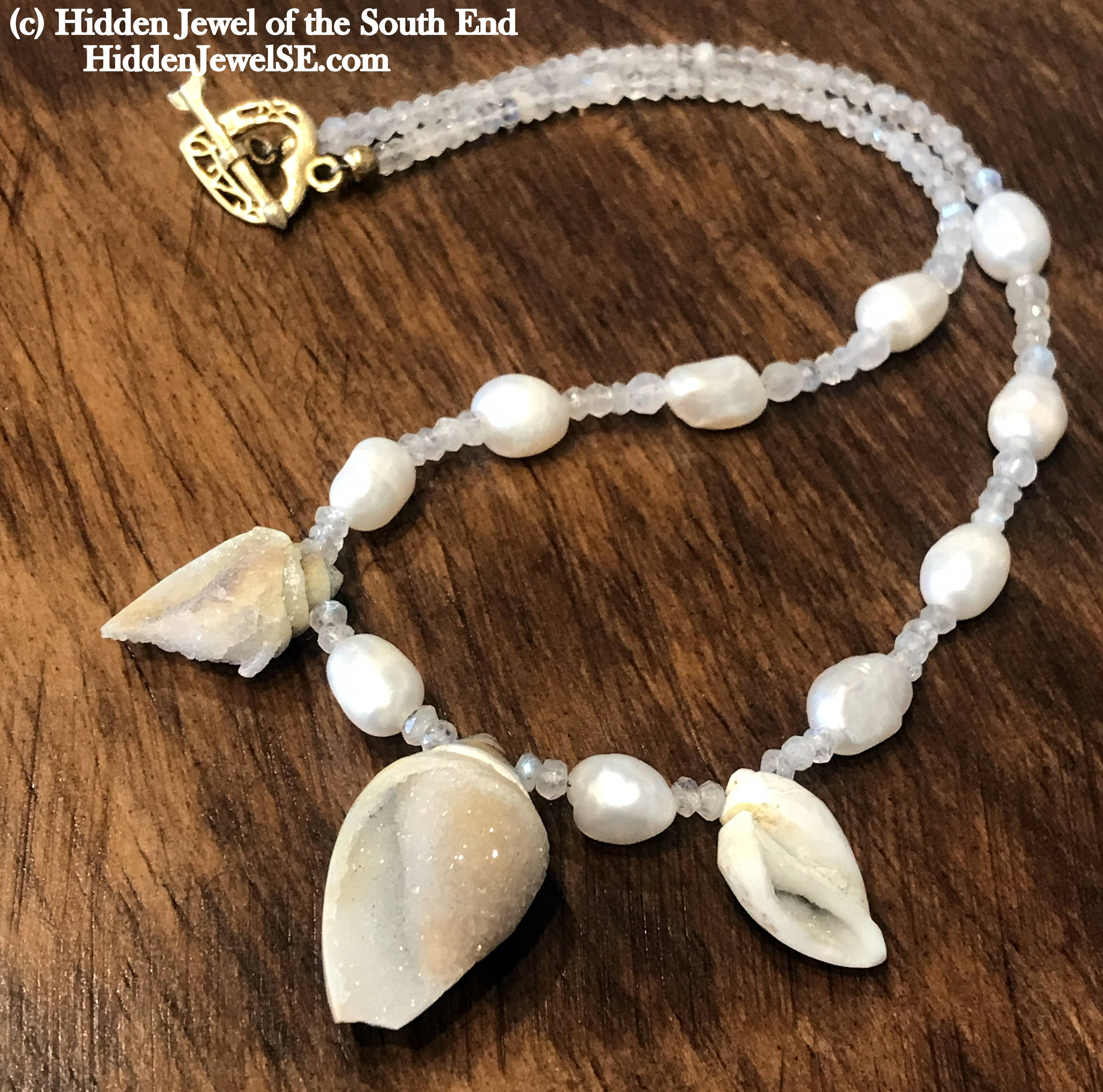 Druzzy Quartz Fossilized Shell Necklace, Moonstone, Freshwater Pearl