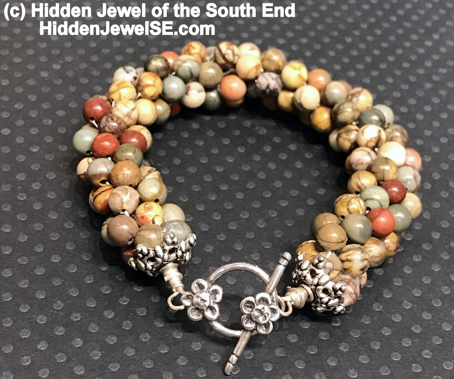 Picasso Jasper crocheted bracelet shows Brown, Red, and Green colors