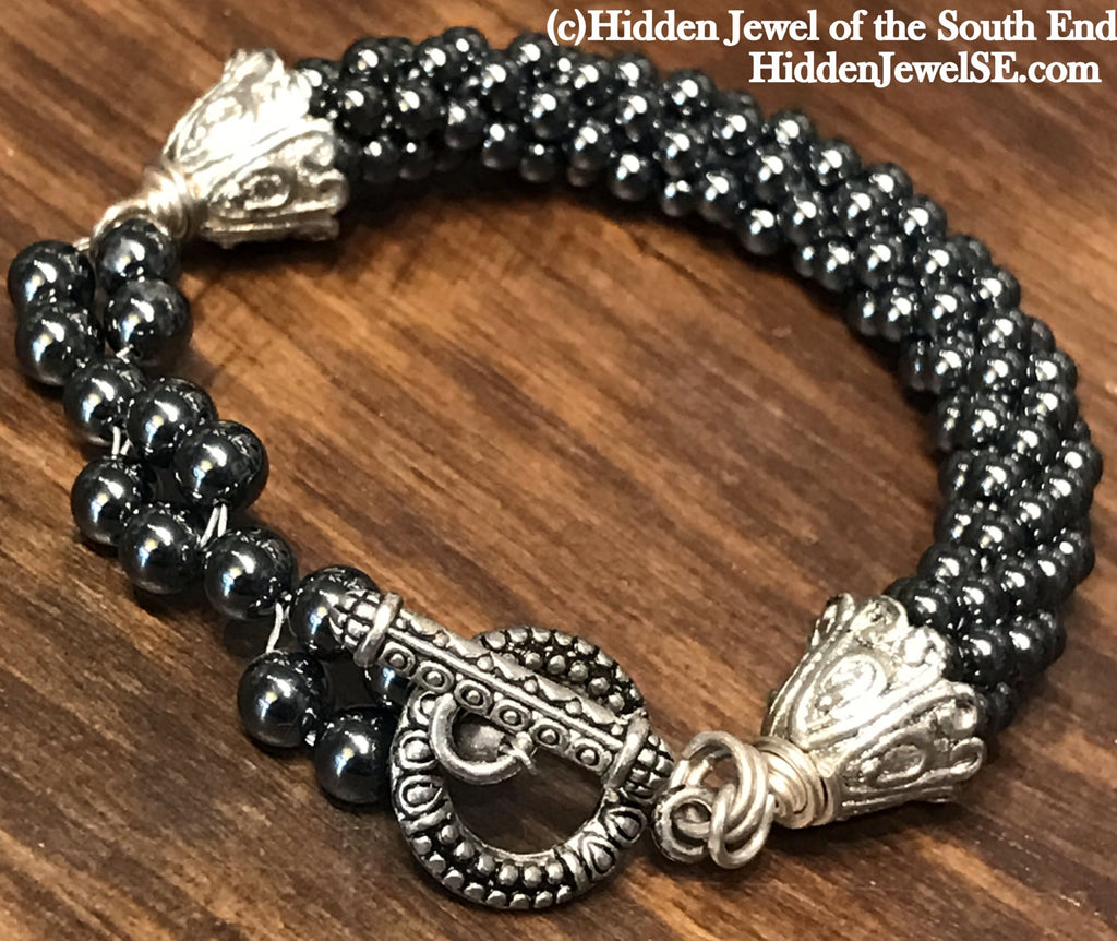 Hematite Crocheted Black Bracelet, with silver toggle