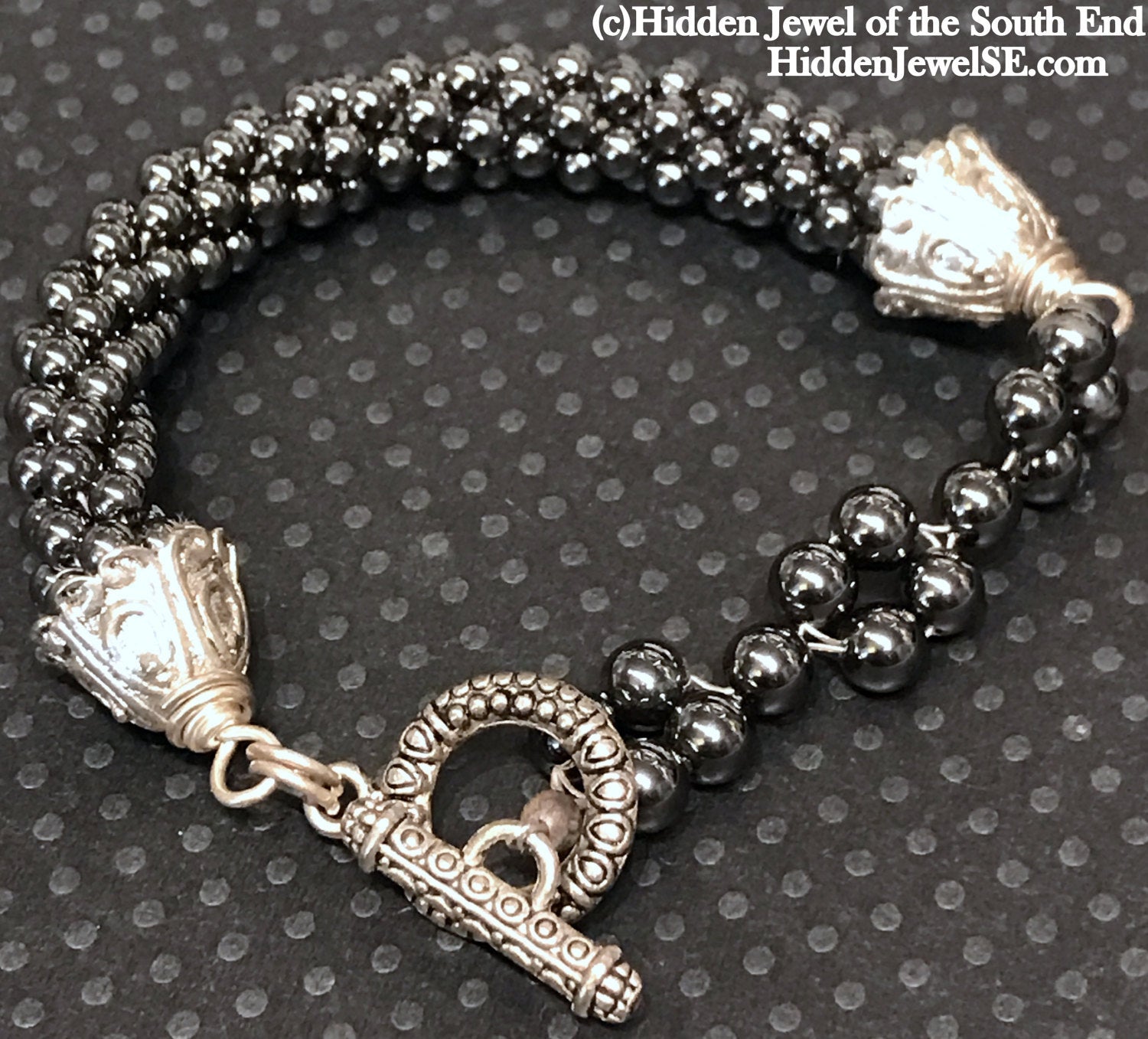 Hematite Crocheted Black Bracelet, with silver toggle