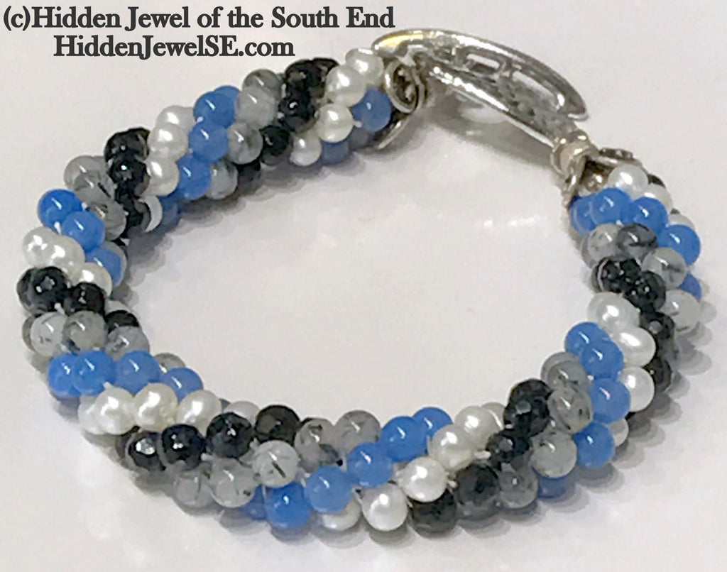 Spiraled Gemstone bracelet - Blue Glass, Faceted Onyx,  Rutilated Quartz and Fresh Water Pearl