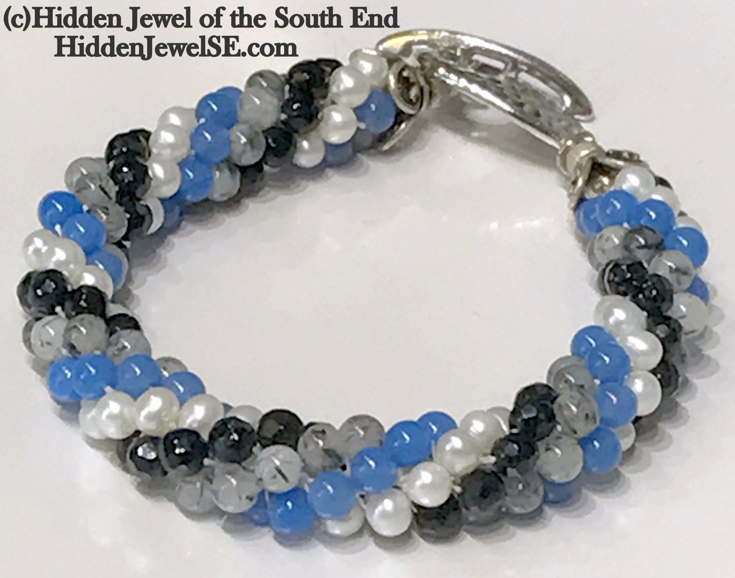 Spiraled Gemstone bracelet - Blue Glass, Faceted Onyx,  Rutilated Quartz and Fresh Water Pearl
