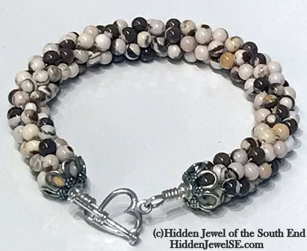 Zebra Jasper Bracelet, Brown jasper bangle, Crocheted
