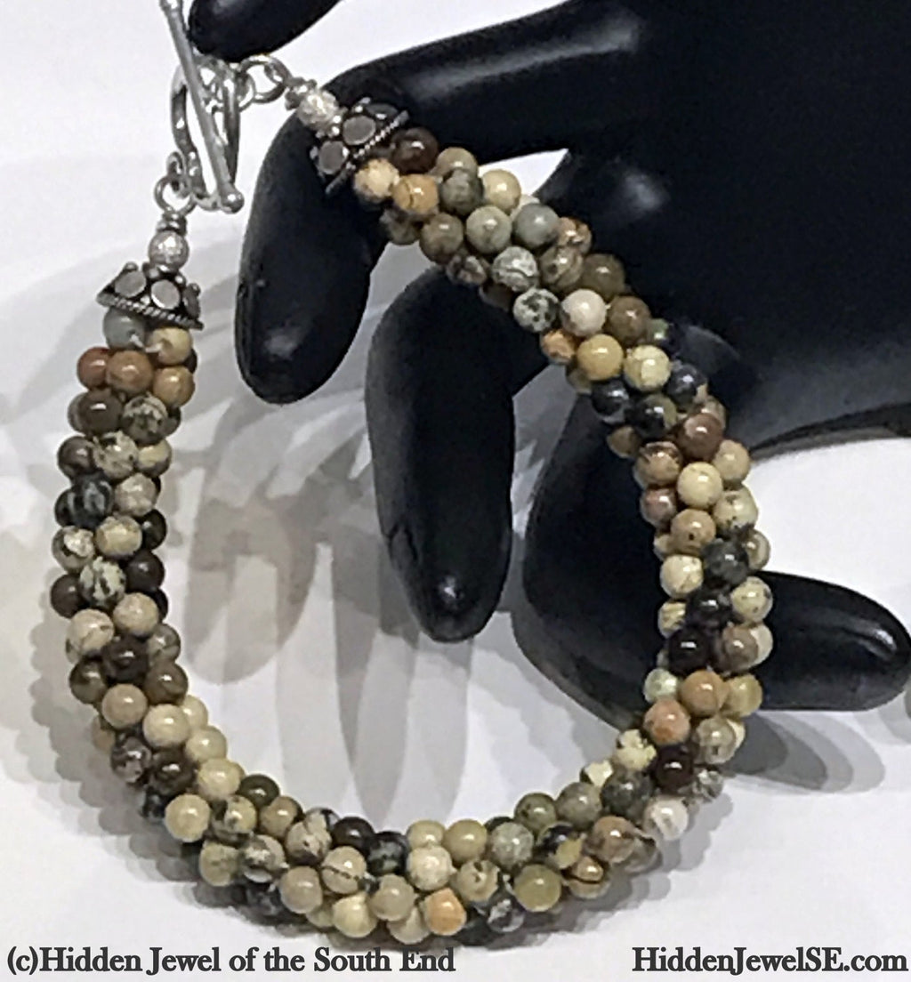 Leopard Skin Jasper gemstone crocheted bracelet, jewelry