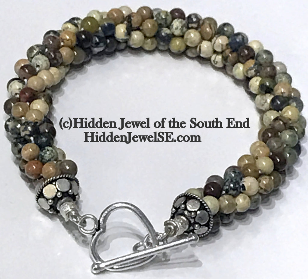 Leopard Skin Jasper gemstone crocheted bracelet, jewelry