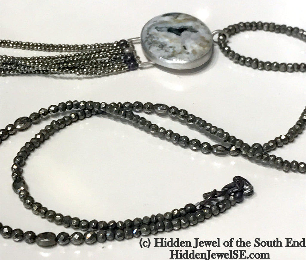 Pyrite & Sterling Silver Gemstone Necklace with Ocean Jasper pendant, jewelry