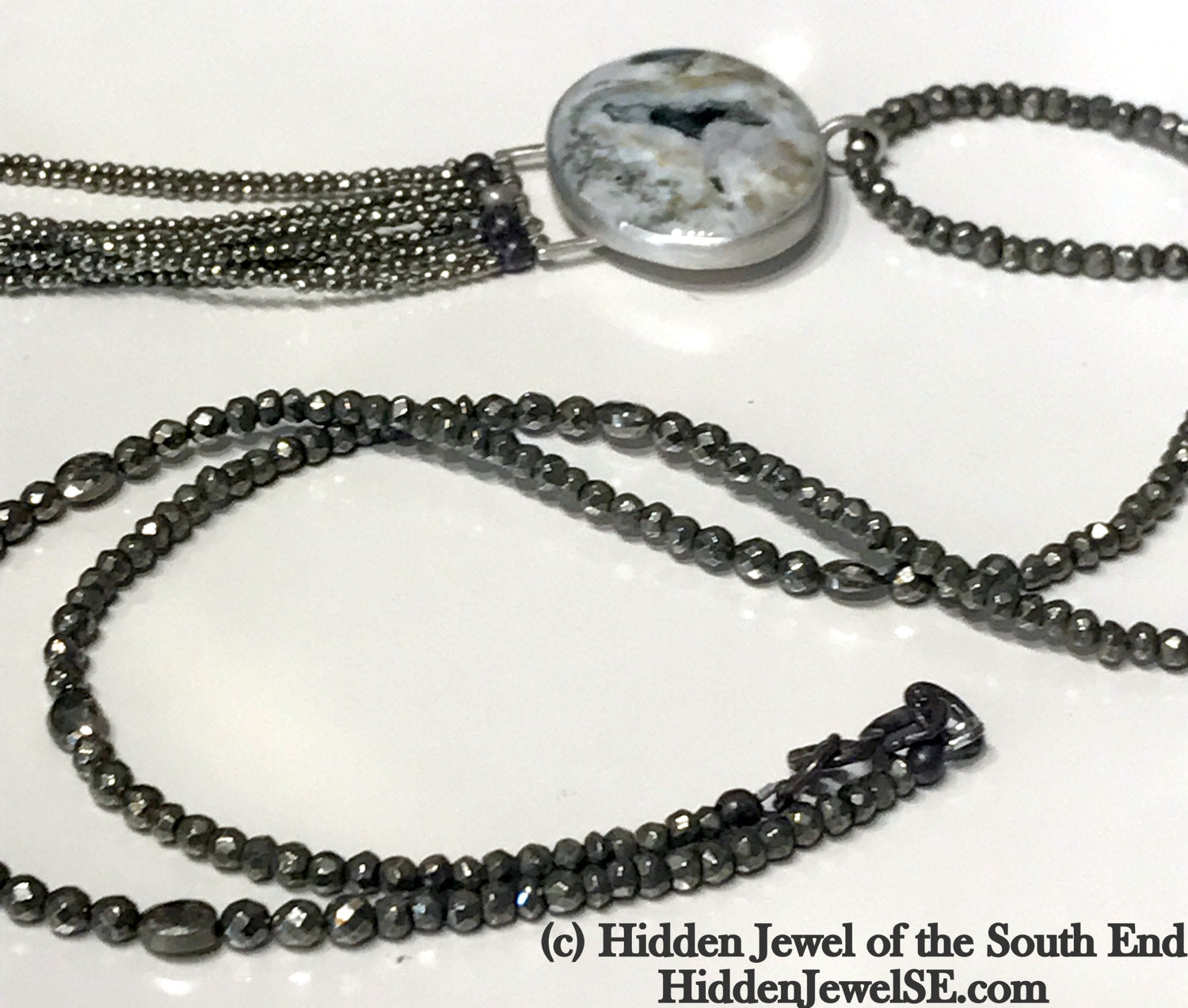 Pyrite & Sterling Silver Gemstone Necklace with Ocean Jasper pendant, jewelry