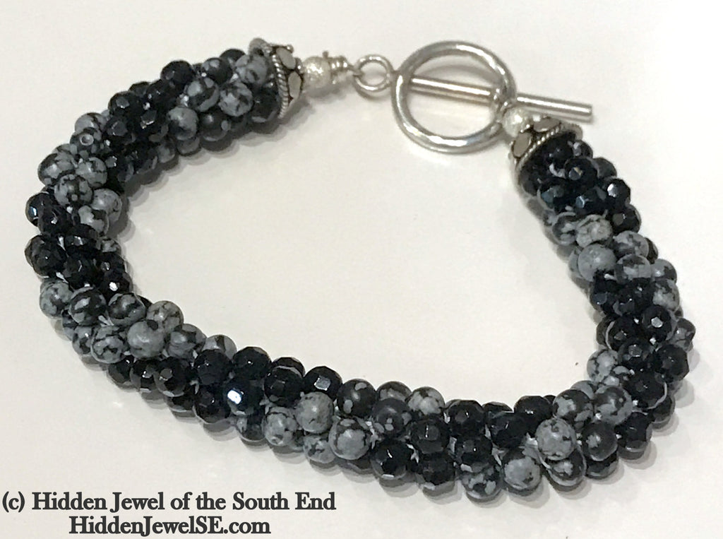 Snowflake Jasper & Faceted Onyx  Crocheted Bracelet with sterling silver clasp