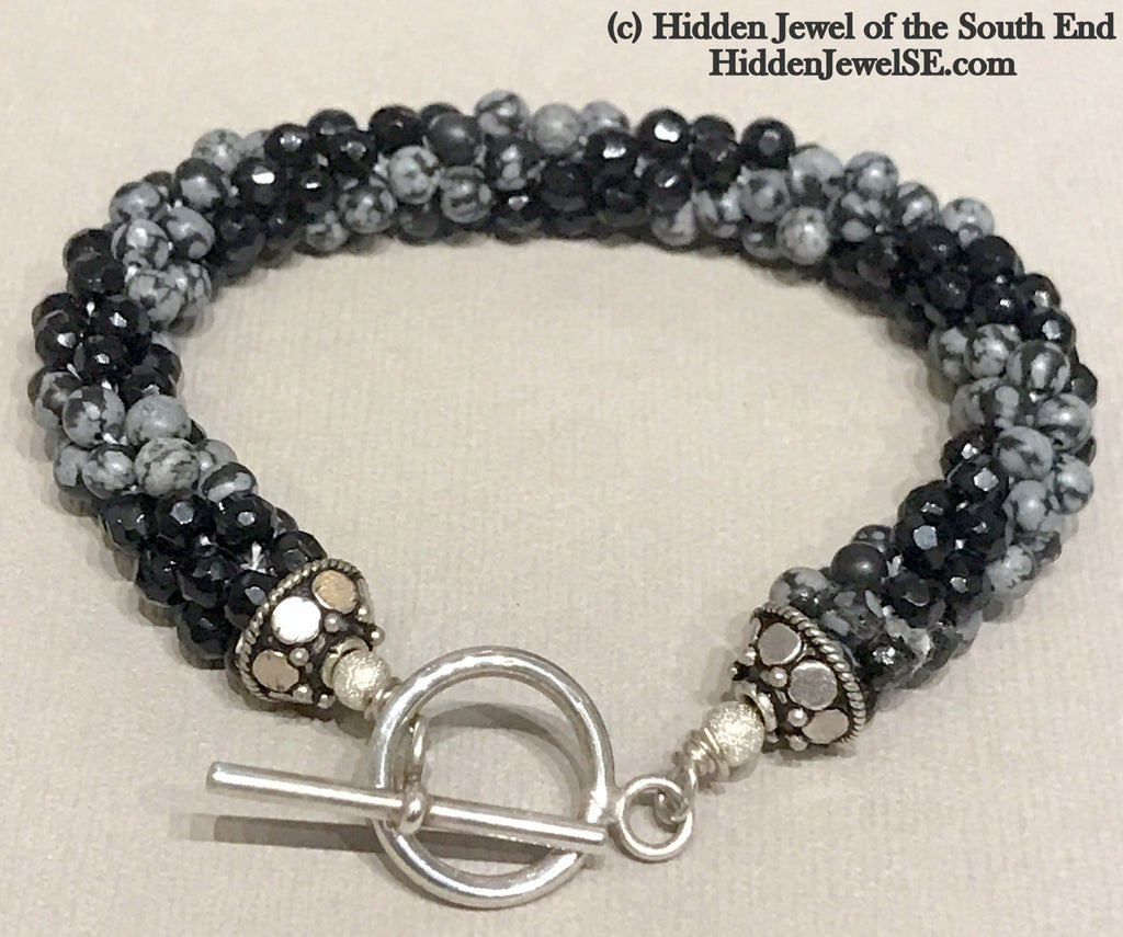 Snowflake Jasper & Faceted Onyx  Crocheted Bracelet with sterling silver clasp