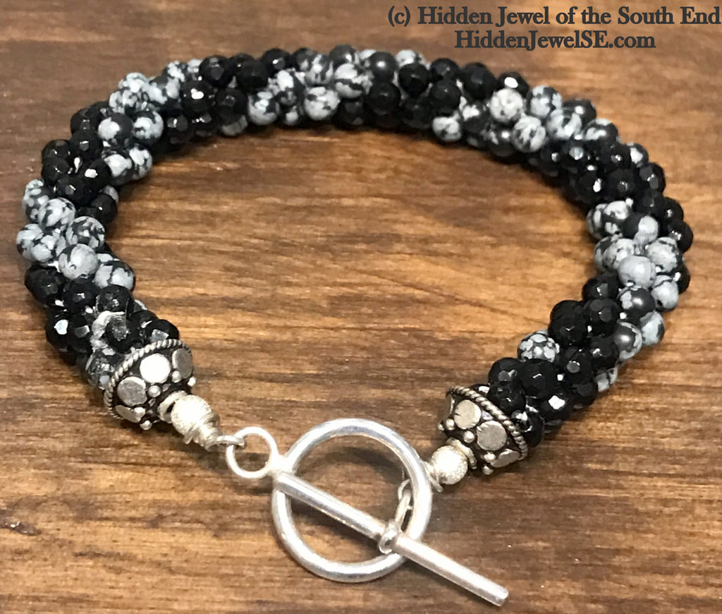 Snowflake Jasper & Faceted Onyx  Crocheted Bracelet with sterling silver clasp