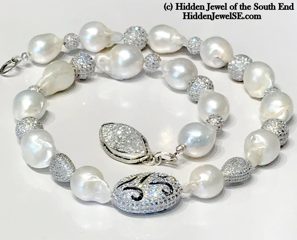 Pearl & Silver paved crystal beaded white Tahitian Pearl necklace