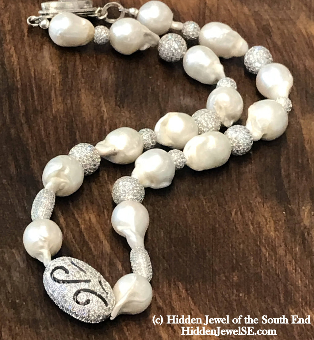 Pearl & Silver paved crystal beaded white Tahitian Pearl necklace