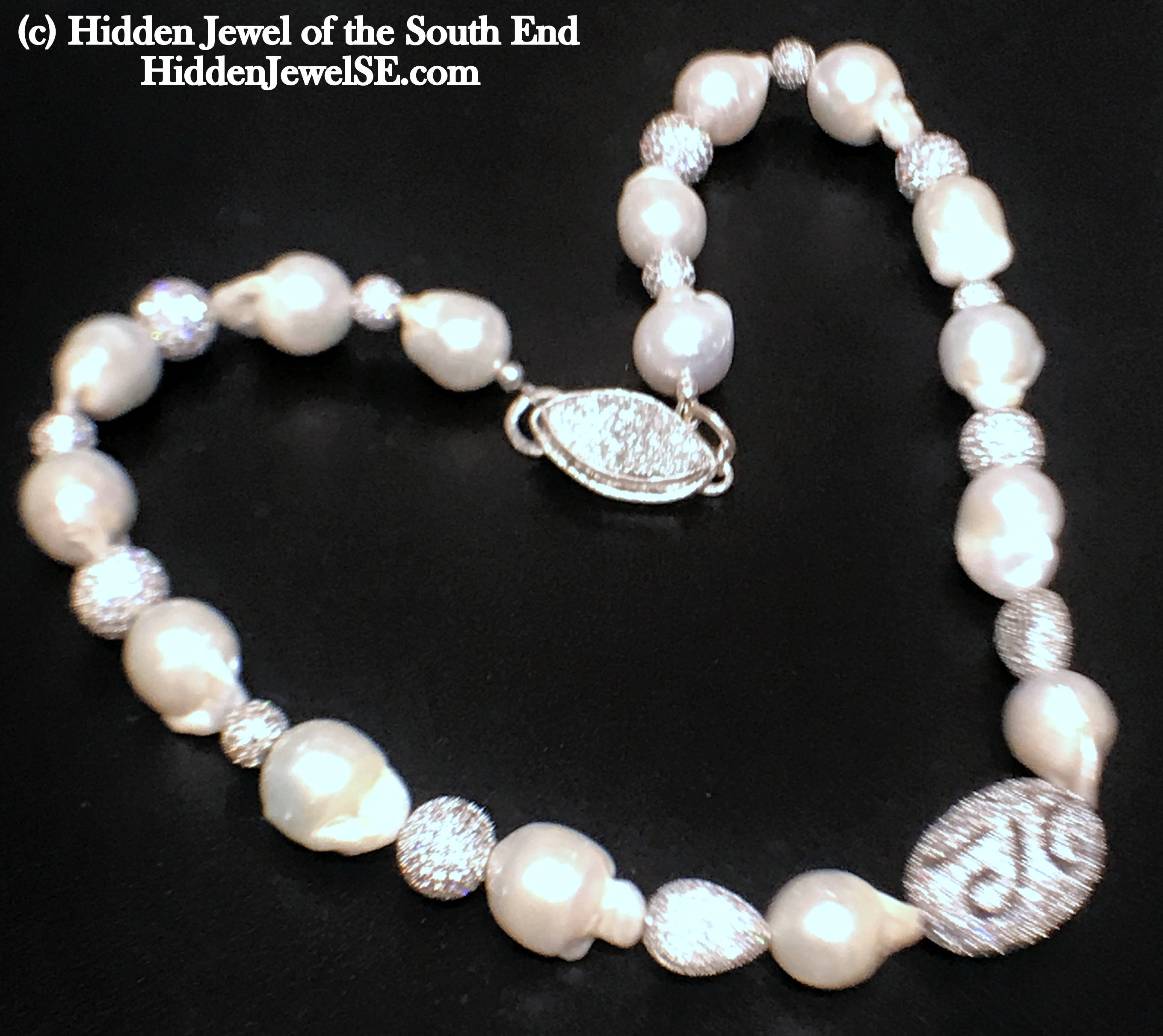 Pearl & Silver paved crystal beaded white Tahitian Pearl necklace