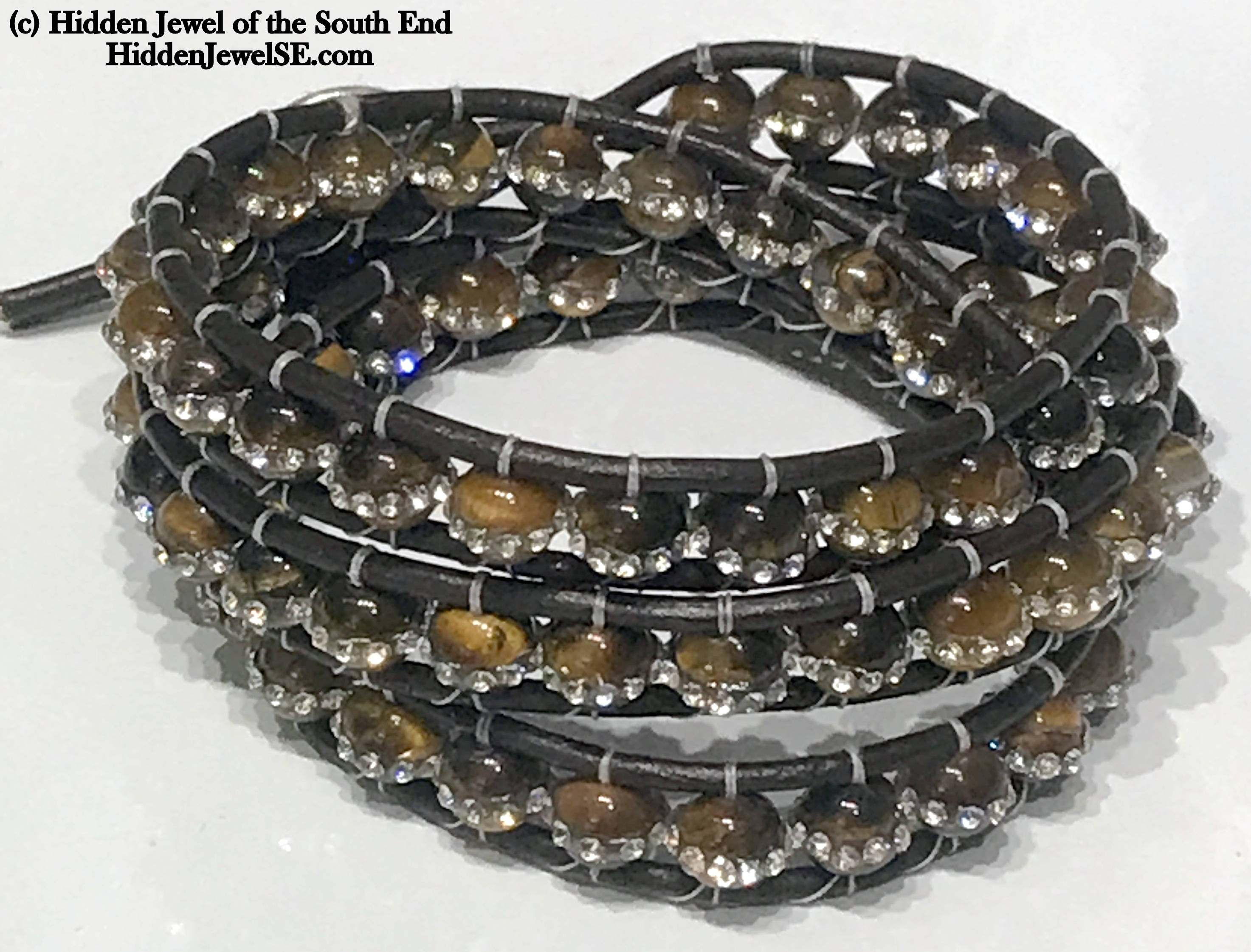 Tiger Eye Leather Wrap Bracelet with Cz's (three times around)
