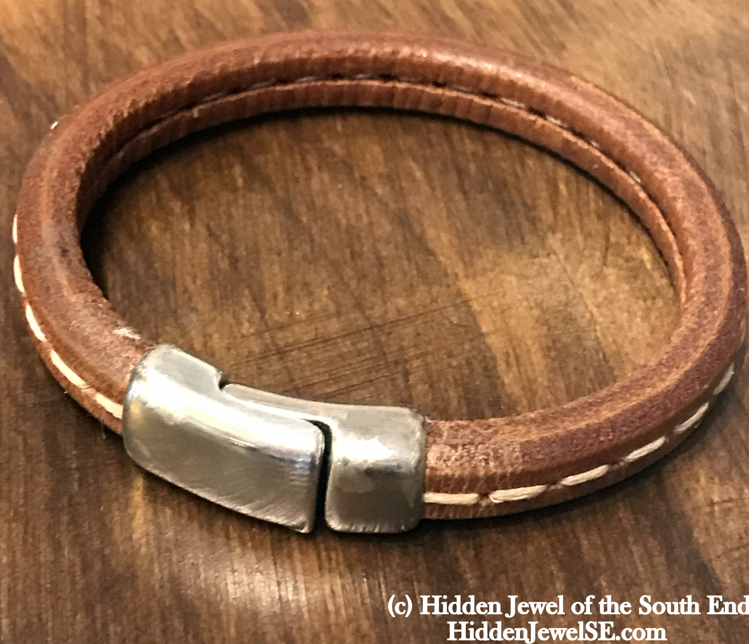 Unisex brown stitched Leather bangle Bracelet with magnetic clasp  stiff leather