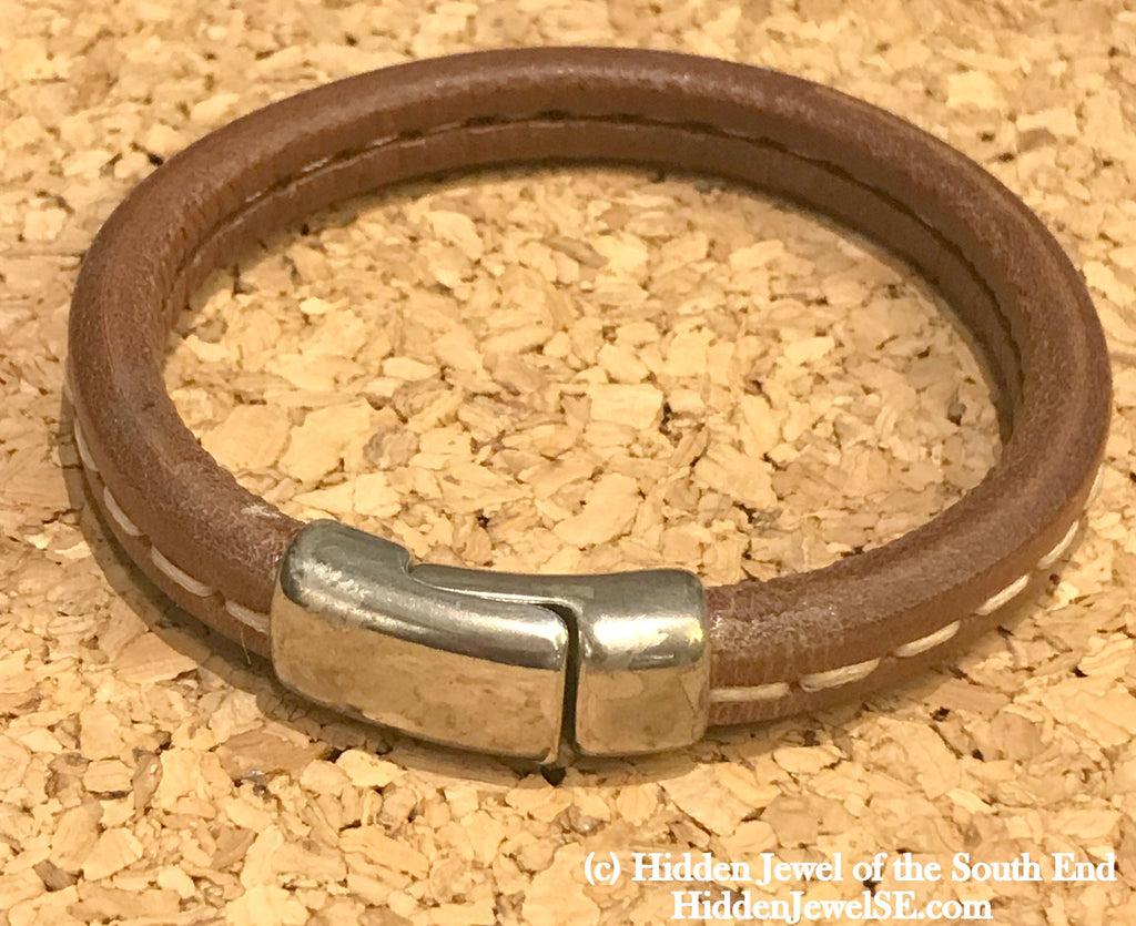 Unisex brown stitched Leather bangle Bracelet with magnetic clasp  stiff leather
