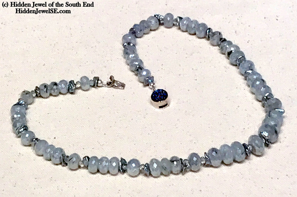 Faceted Mystic Green Topaz Gemstones, Keishi Pearl, & crystal Necklace, Sterling Clasp