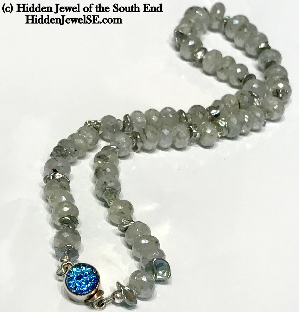 Faceted Mystic Green Topaz Gemstones, Keishi Pearl, & crystal Necklace, Sterling Clasp