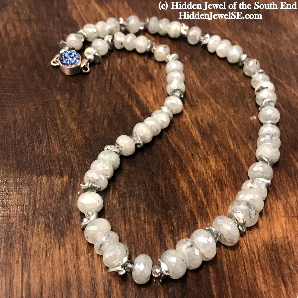 Faceted Mystic Green Topaz Gemstones, Keishi Pearl, & crystal Necklace, Sterling Clasp