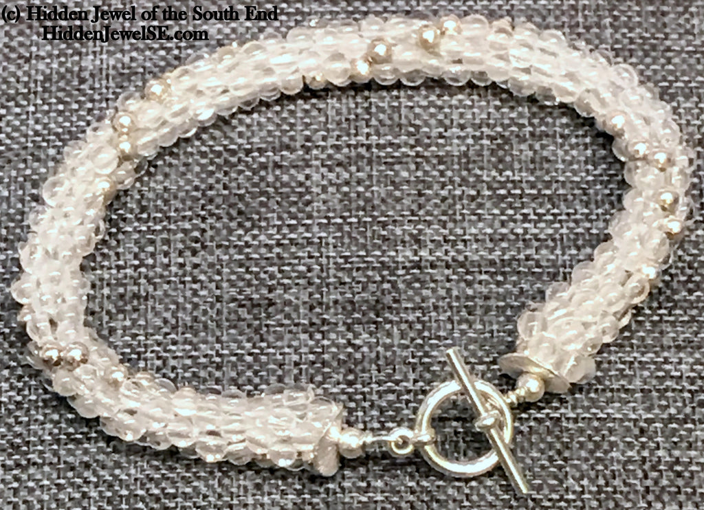 Rock crystal Quartz with Sterling Silver dotted beads crocheted bracelet