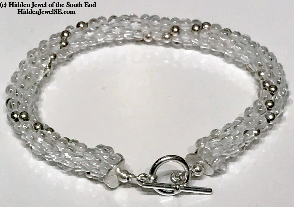 Rock crystal Quartz with Sterling Silver dotted beads crocheted bracelet