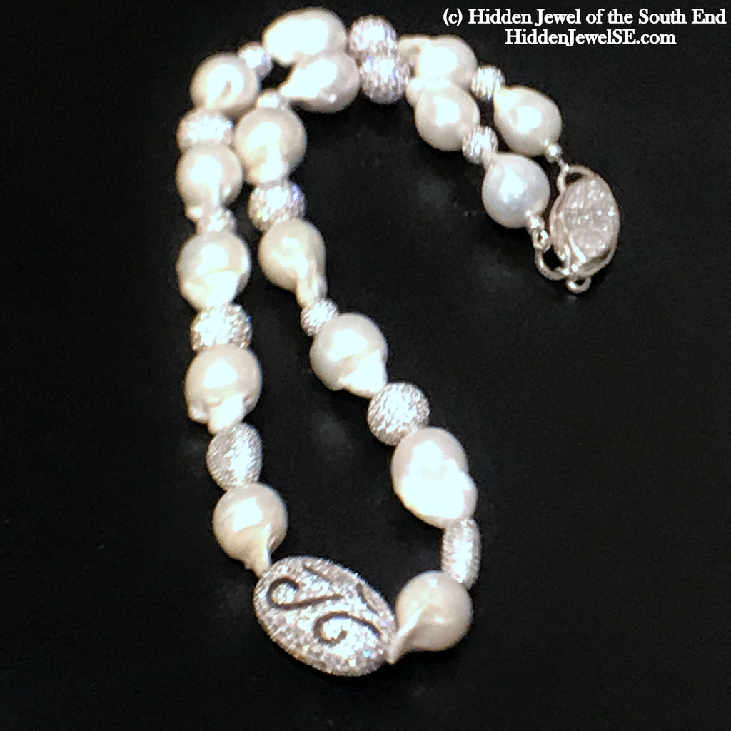 Pearl & Silver paved crystal beaded white Tahitian Pearl necklace