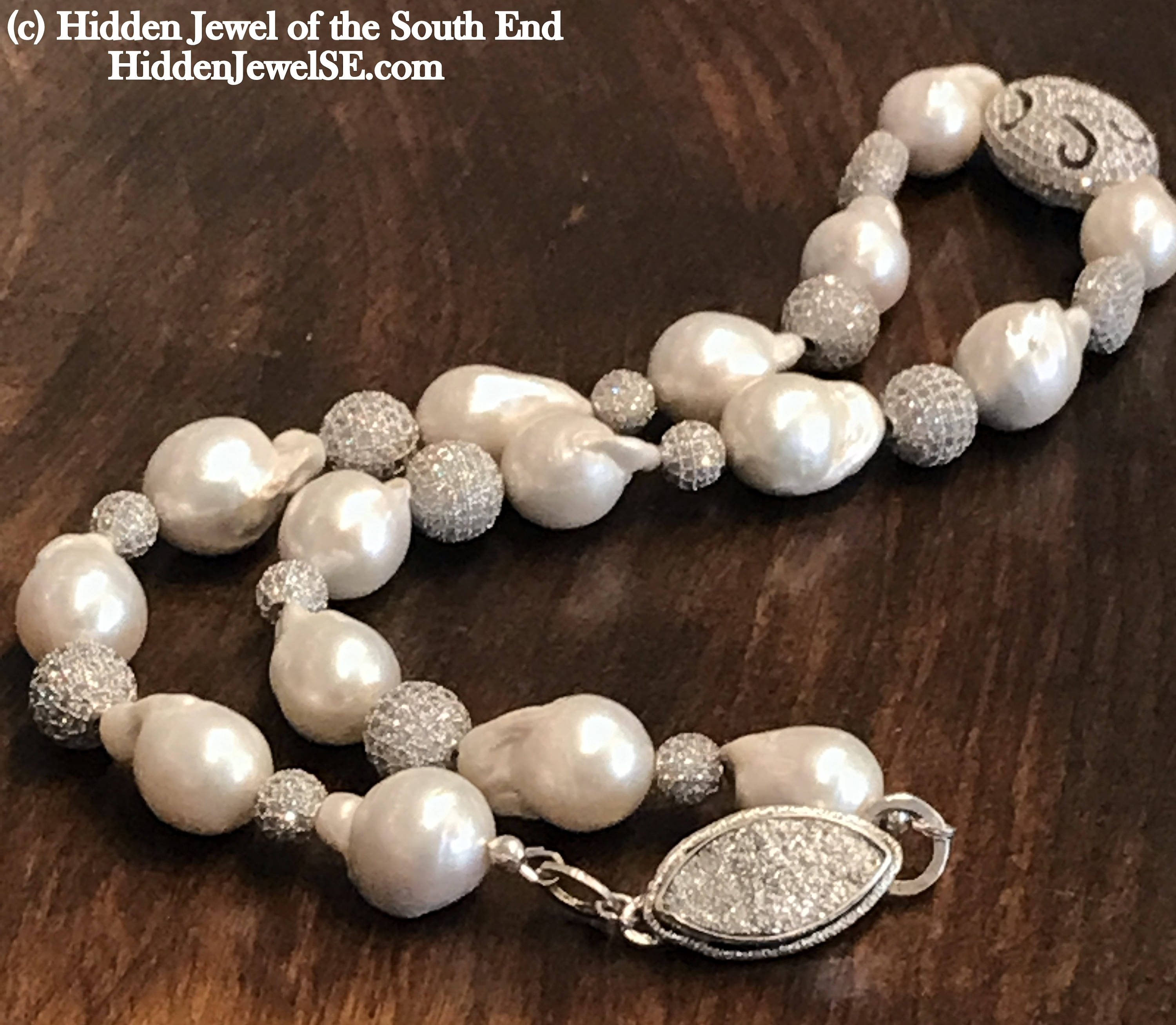 Pearl & Silver paved crystal beaded white Tahitian Pearl necklace