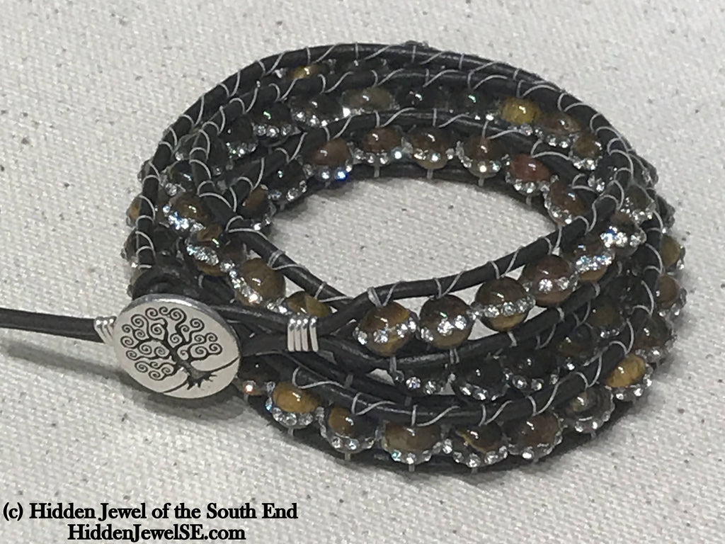 Tiger Eye Leather Wrap Bracelet with Cz's (three times around)