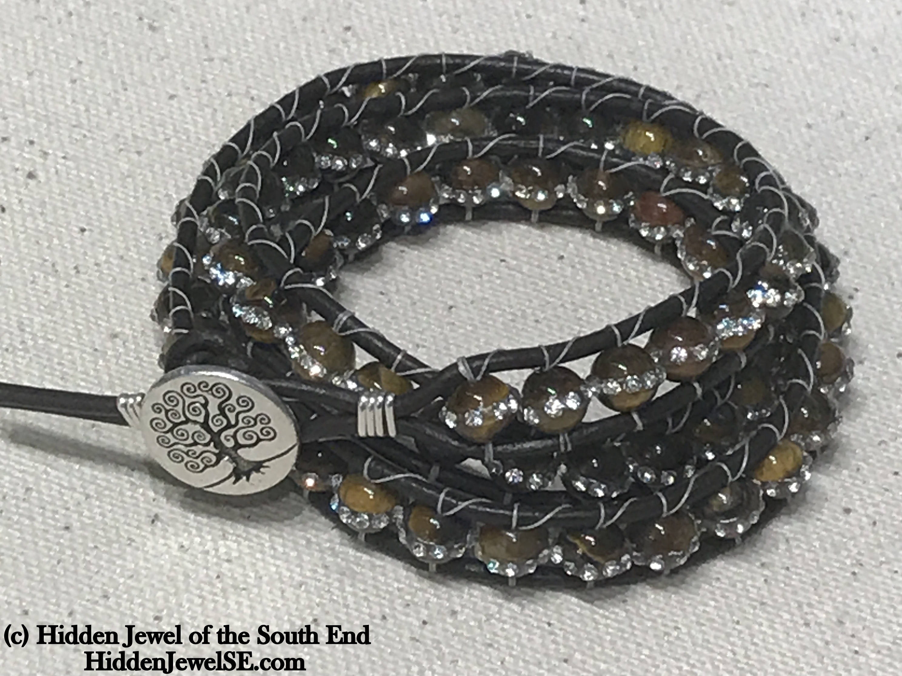 Tiger Eye Leather Wrap Bracelet with Cz's (three times around)