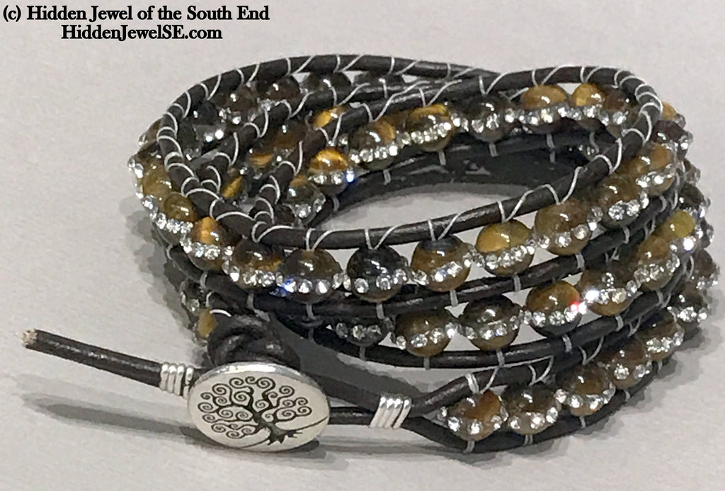 Tiger Eye Leather Wrap Bracelet with Cz's (three times around)