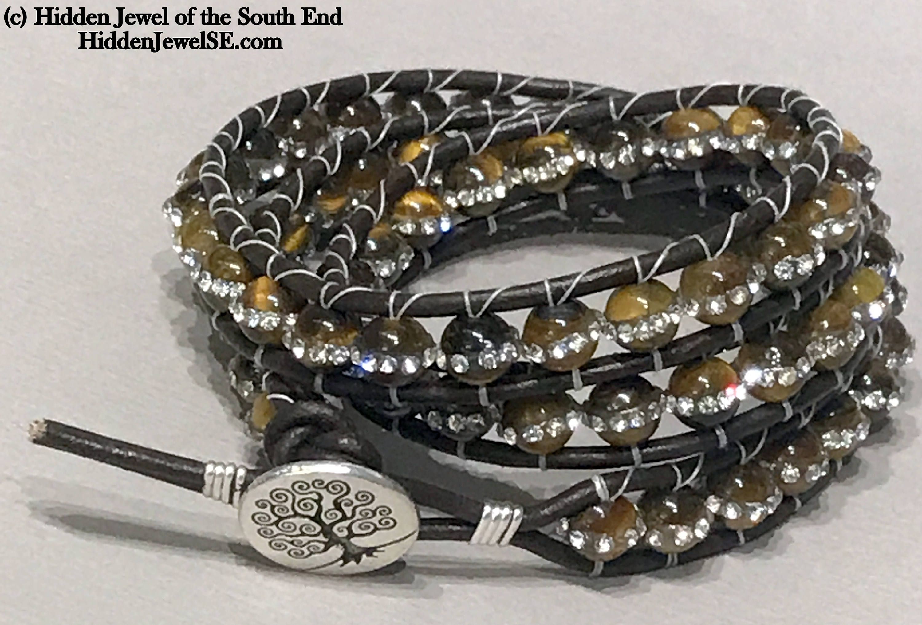 Tiger Eye Leather Wrap Bracelet with Cz's (three times around)