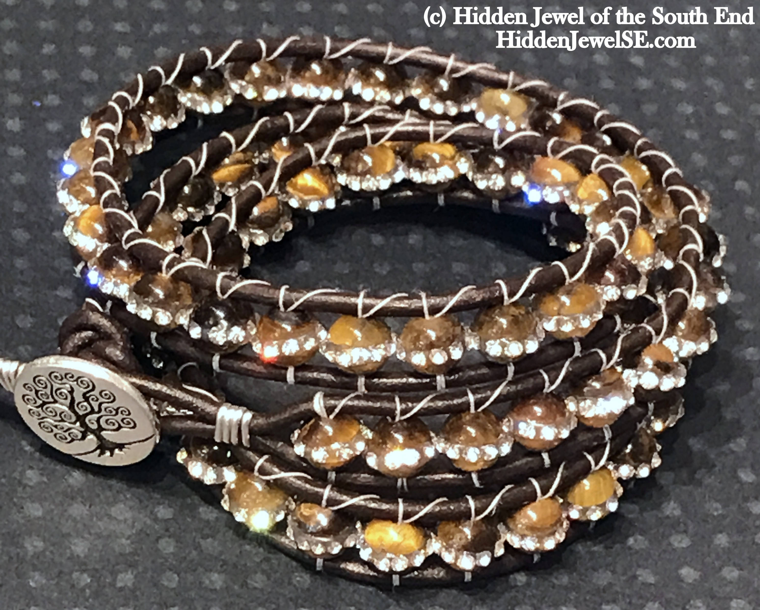 Tiger Eye Leather Wrap Bracelet with Cz's (three times around)