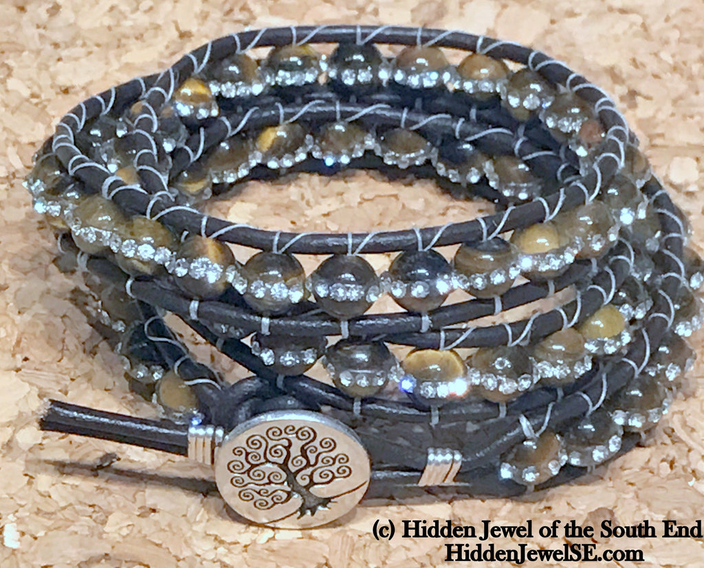 Tiger Eye Leather Wrap Bracelet with Cz's (three times around)