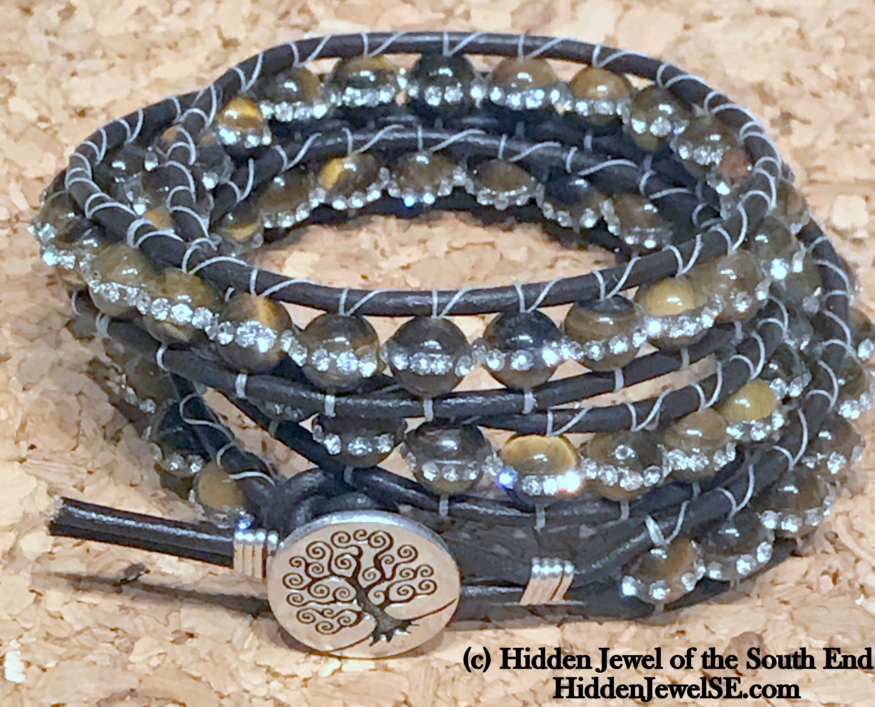 Tiger Eye Leather Wrap Bracelet with Cz's (three times around)
