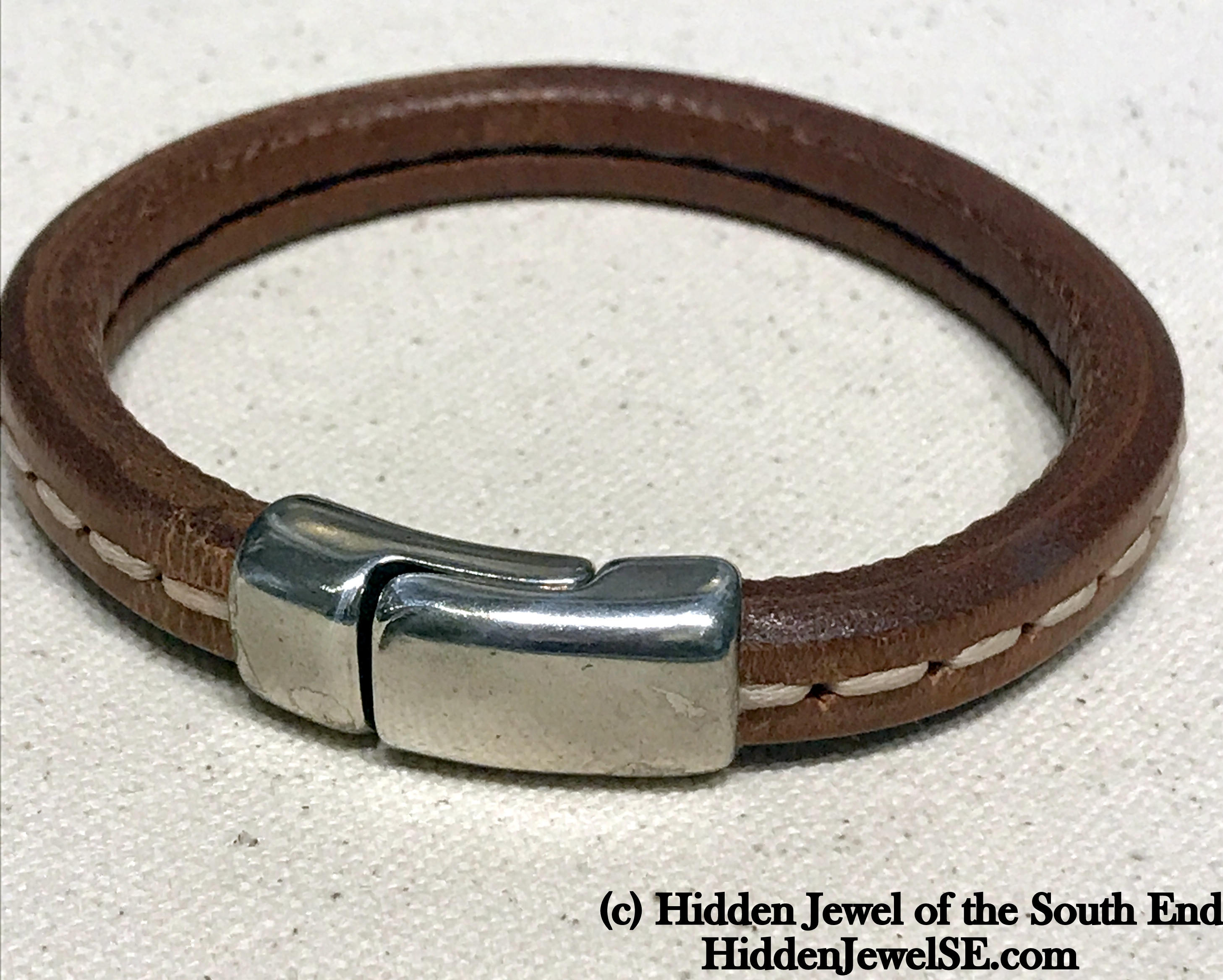 Unisex brown stitched Leather bangle Bracelet with magnetic clasp  stiff leather