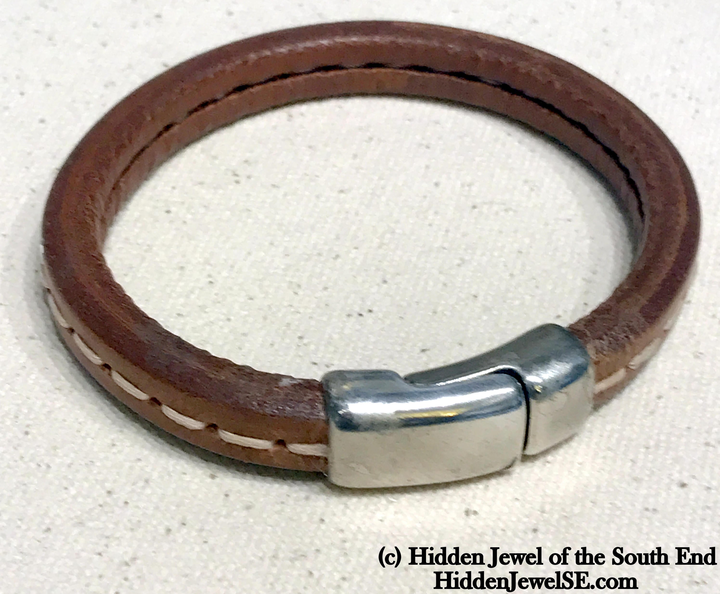 Unisex brown stitched Leather bangle Bracelet with magnetic clasp  stiff leather