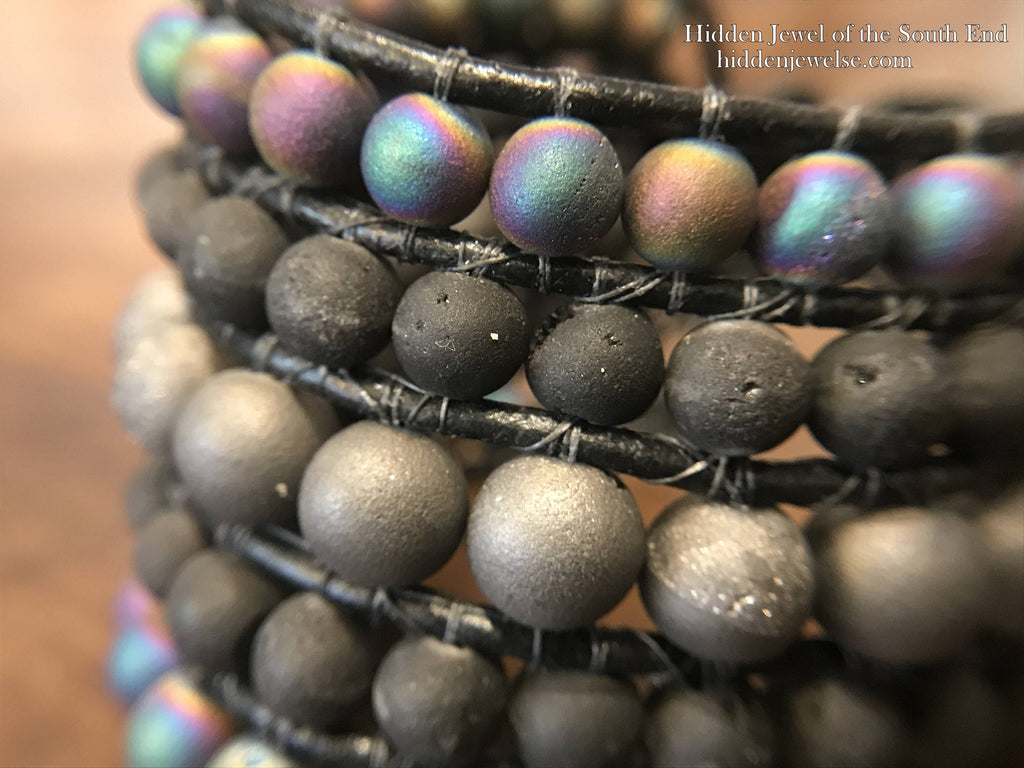 Wide Druzzy Leather Cuff black leather wrap with druzzy stones