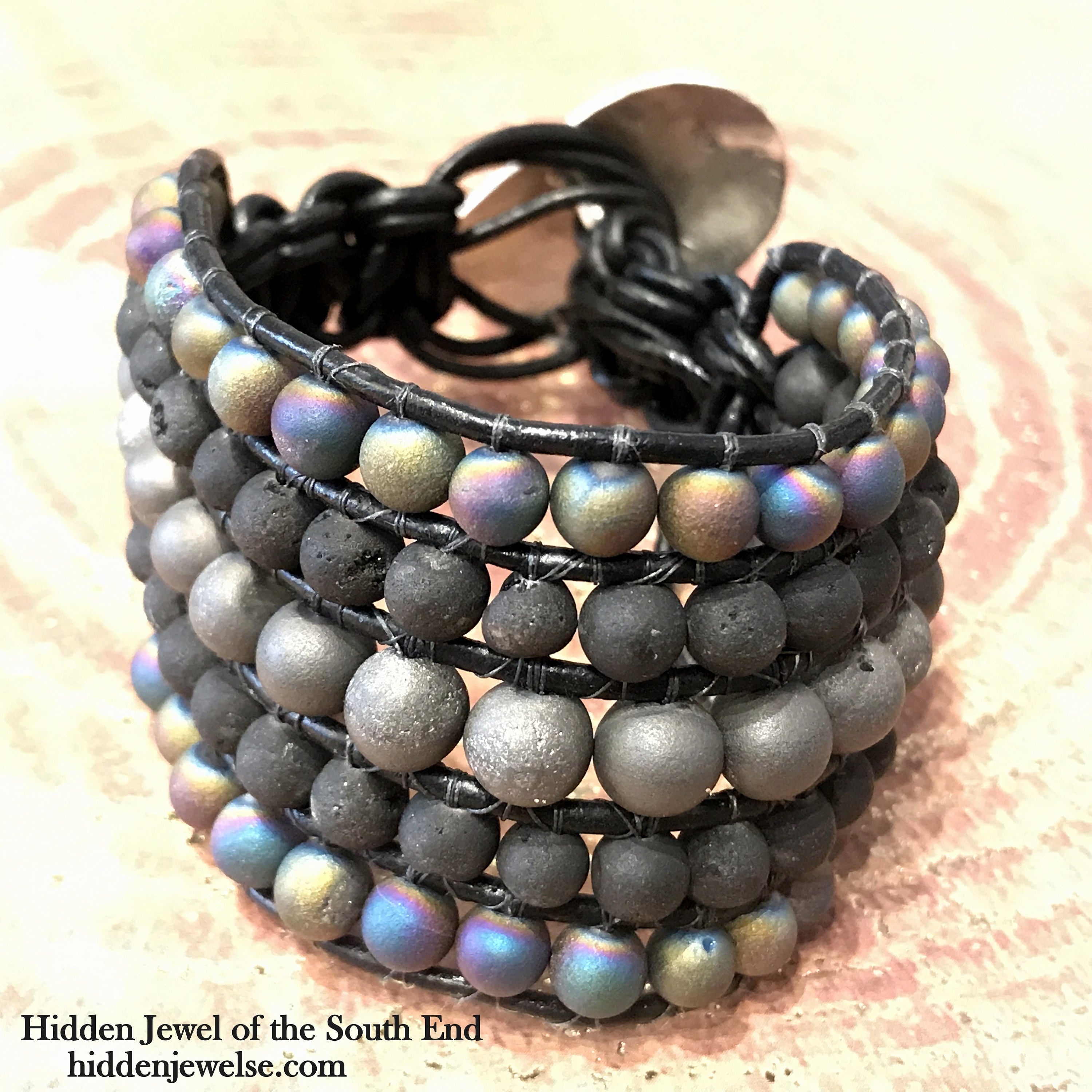 Wide Druzzy Leather Cuff black leather wrap with druzzy stones