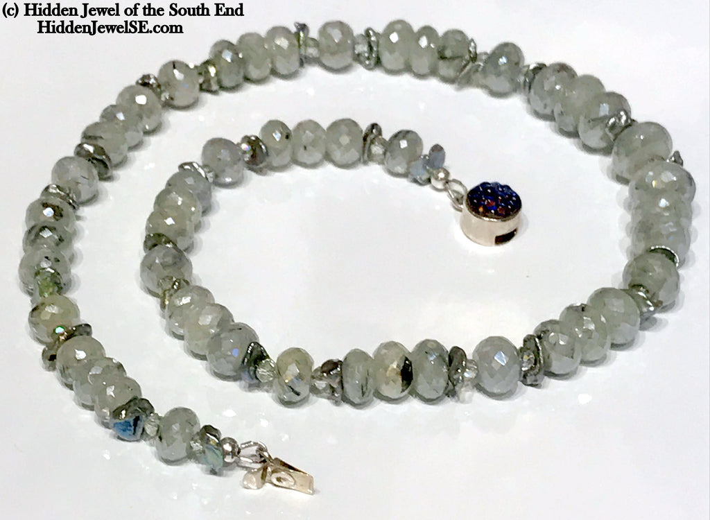 Faceted Mystic Green Topaz Gemstones, Keishi Pearl, & crystal Necklace, Sterling Clasp