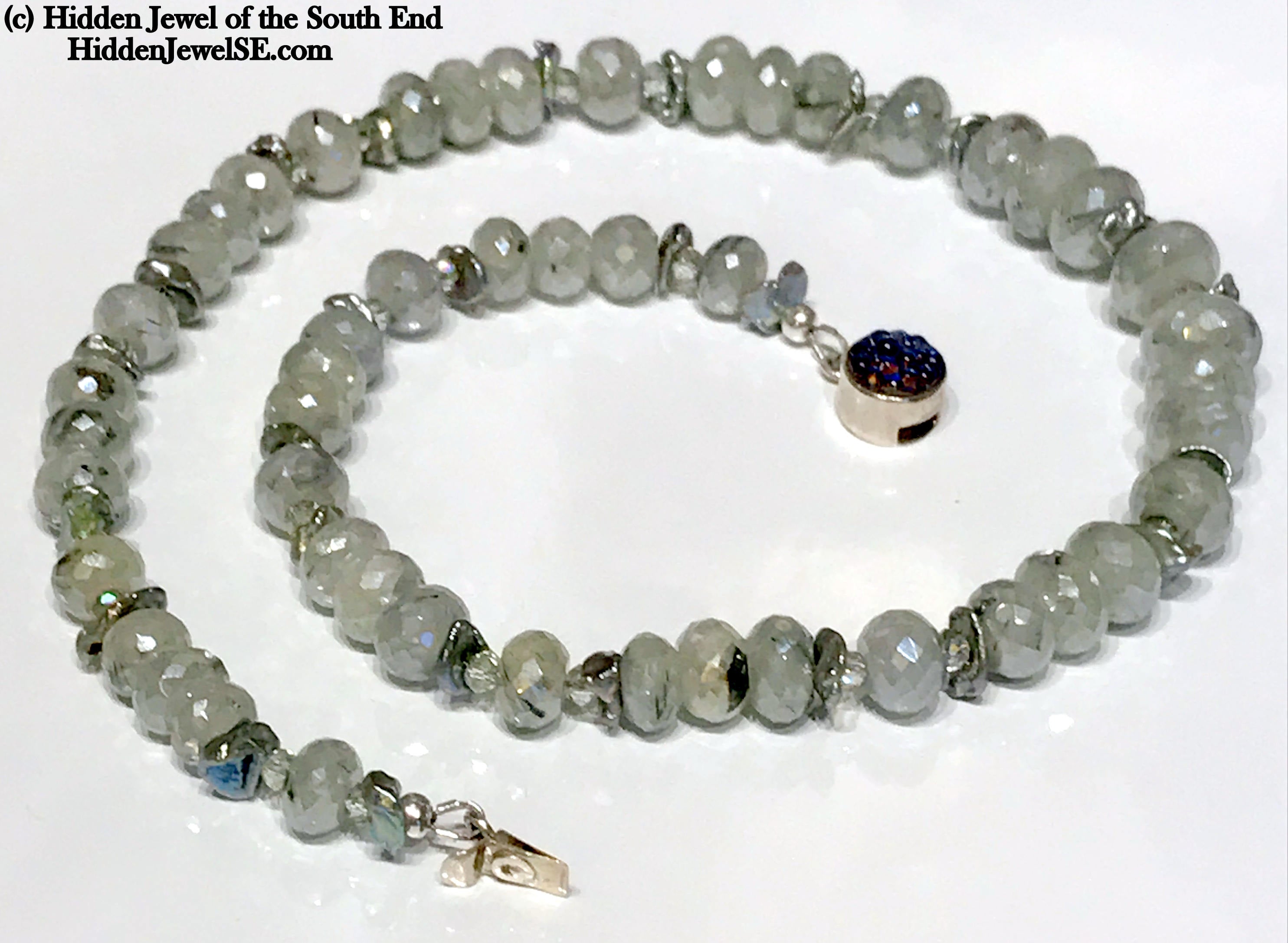 Faceted Mystic Green Topaz Gemstones, Keishi Pearl, & crystal Necklace, Sterling Clasp