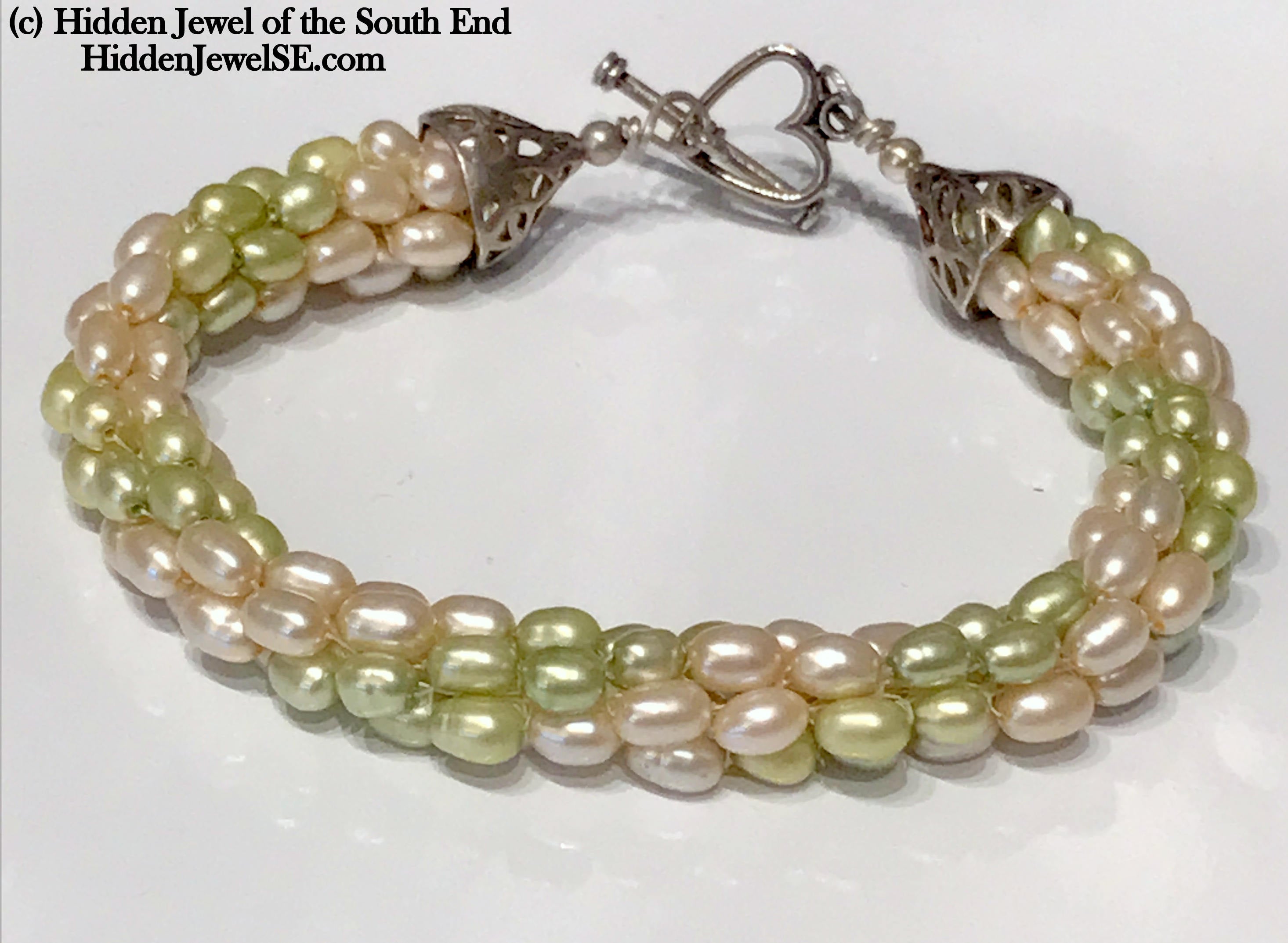 Light Green & Peach Fresh Water Pearls (Rice) crocheted bracelet, Jewelry
