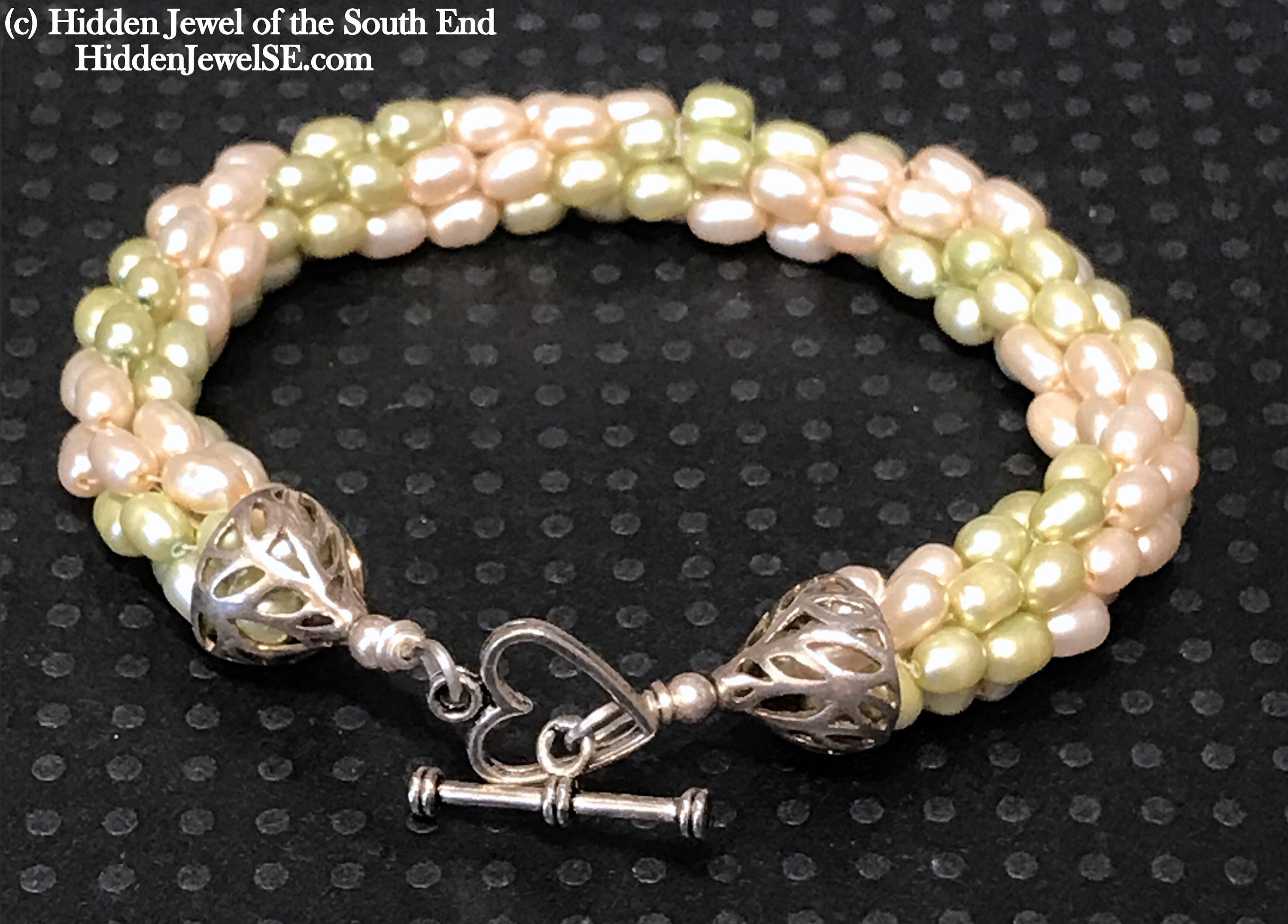 Light Green & Peach Fresh Water Pearls (Rice) crocheted bracelet, Jewelry