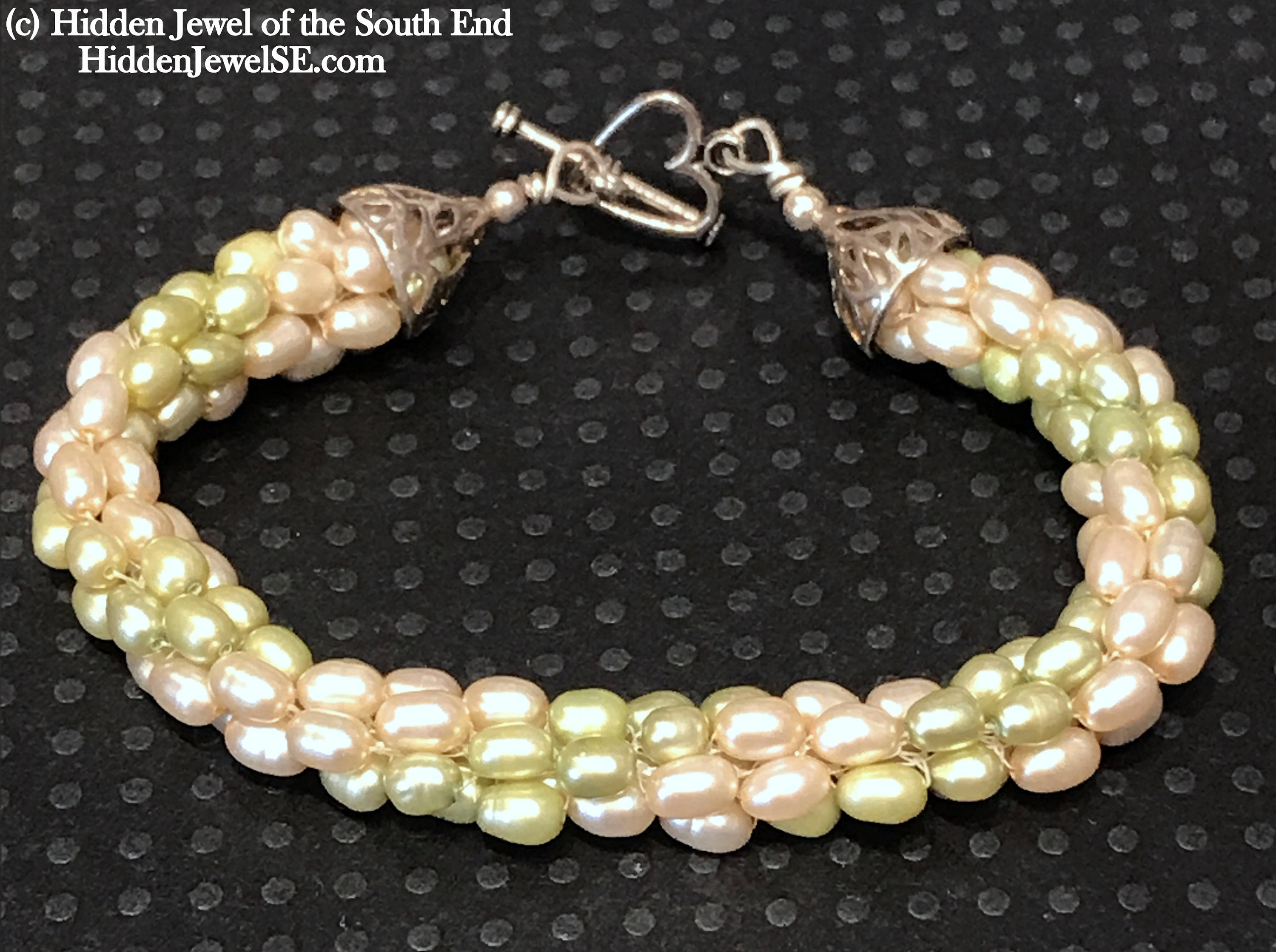 Light Green & Peach Fresh Water Pearls (Rice) crocheted bracelet, Jewelry