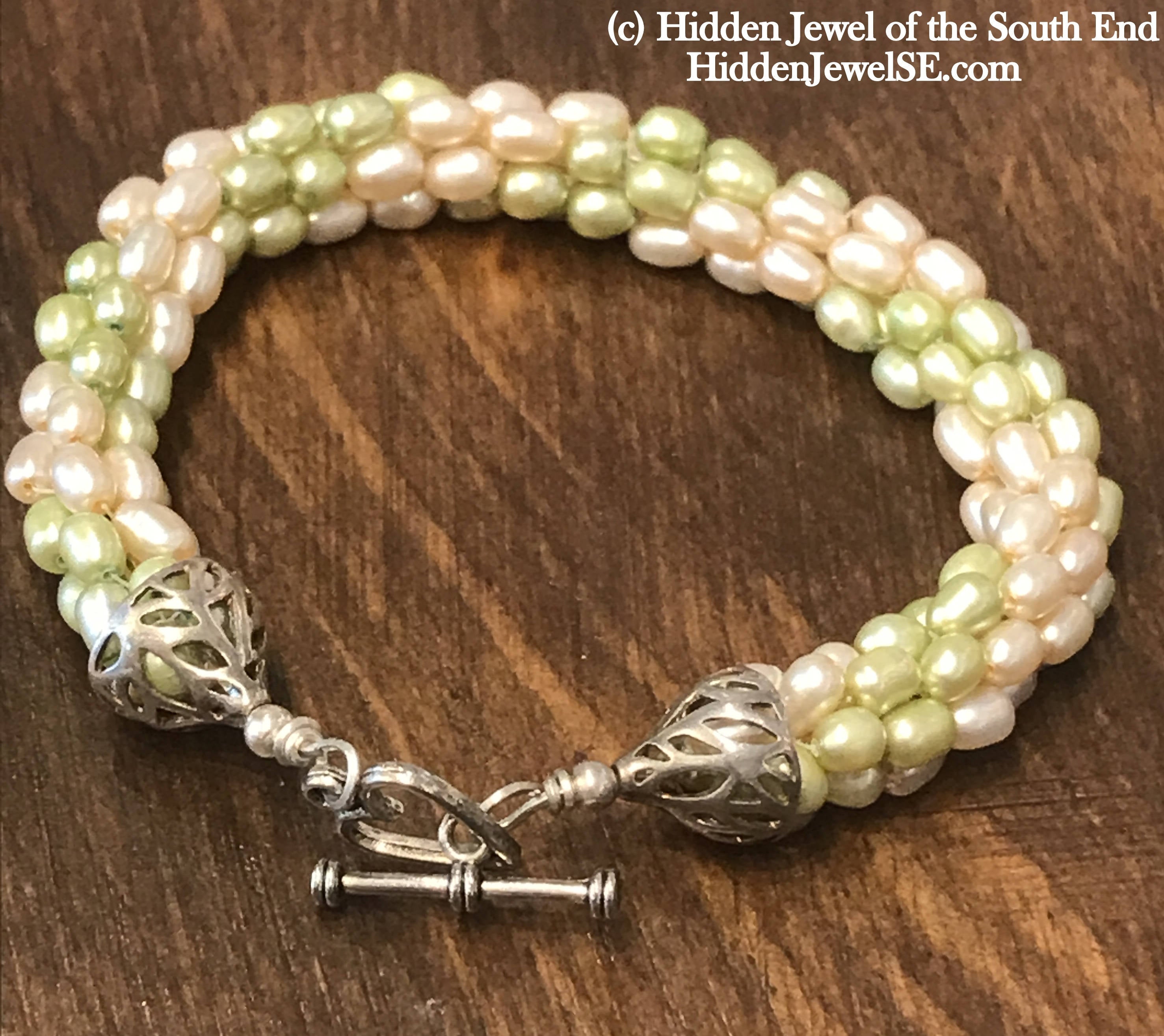 Light Green & Peach Fresh Water Pearls (Rice) crocheted bracelet, Jewelry