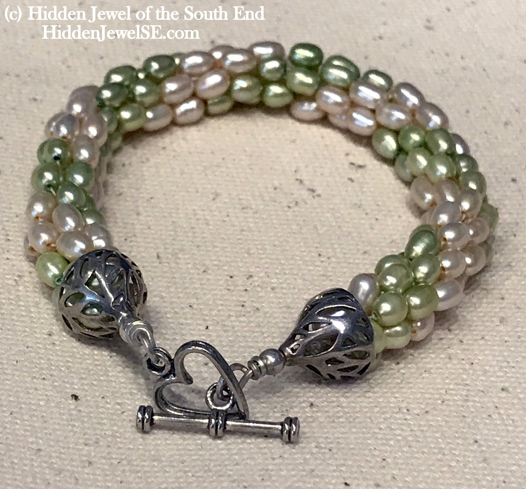 Light Green & Peach Fresh Water Pearls (Rice) crocheted bracelet, Jewelry