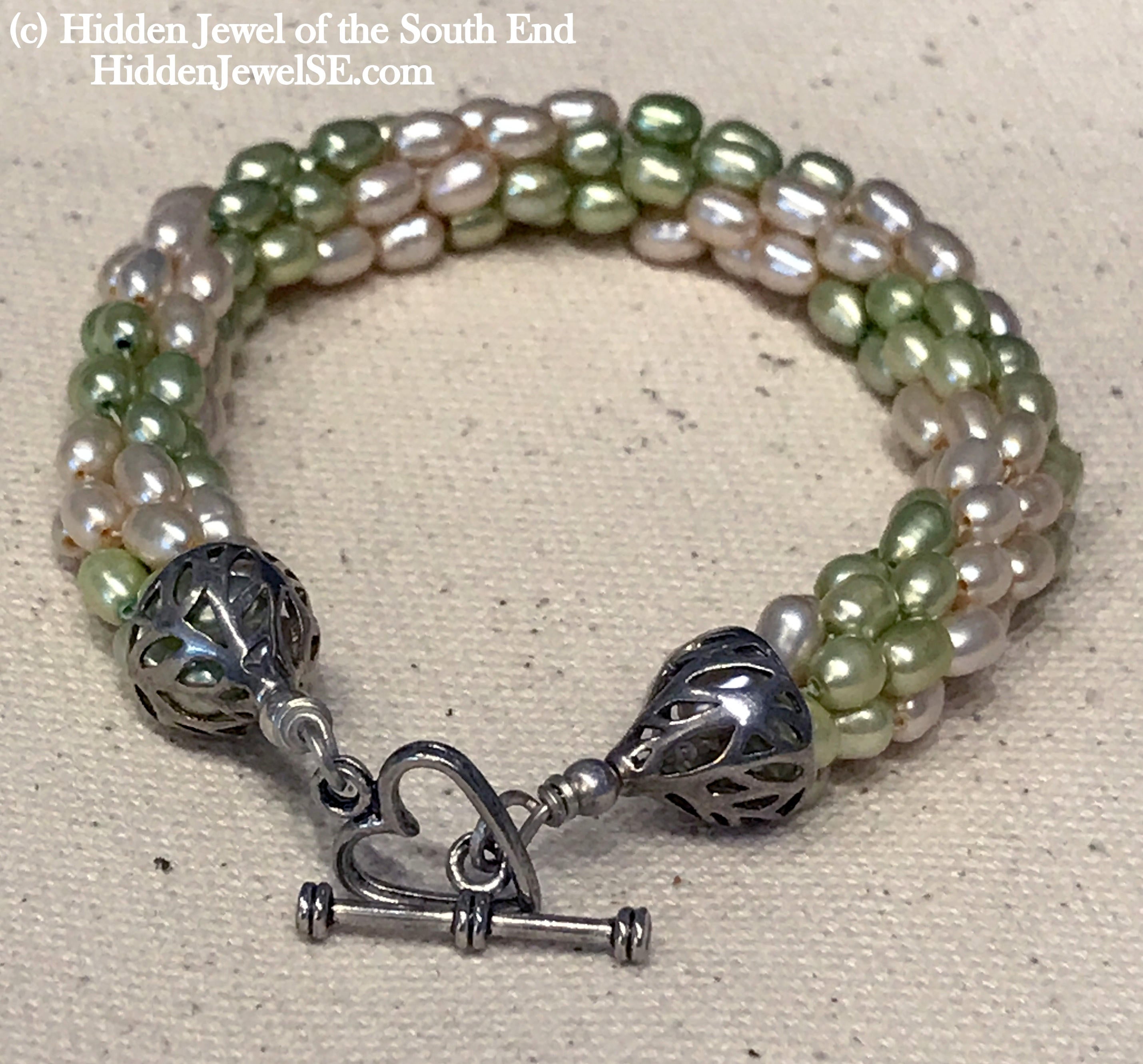 Light Green & Peach Fresh Water Pearls (Rice) crocheted bracelet, Jewelry