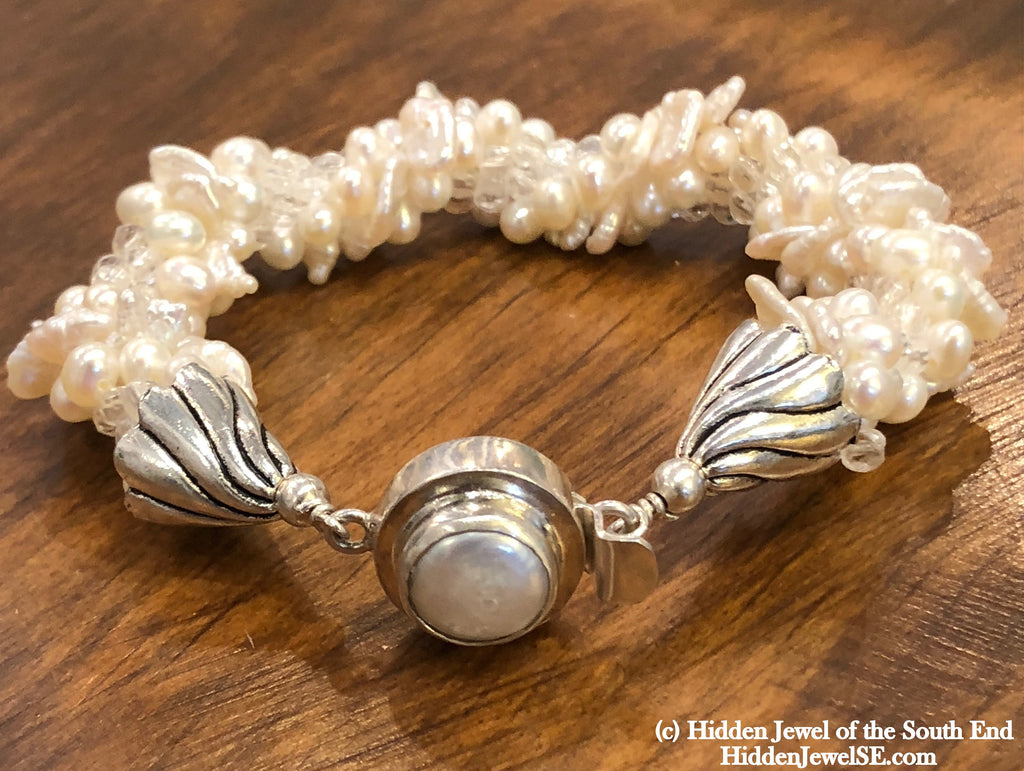 Pearl & Rock Crystal crocheted bracelet, Jewelry
